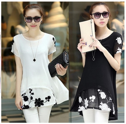 大碼女裝中長款寬松上衣2017夏季韓版女半袖雪紡衣服女士短袖t恤_服飾